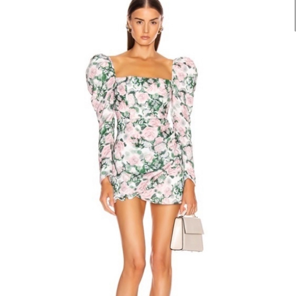 Atoir Pink & Green Floral Puff-Sleeve Mini Dress